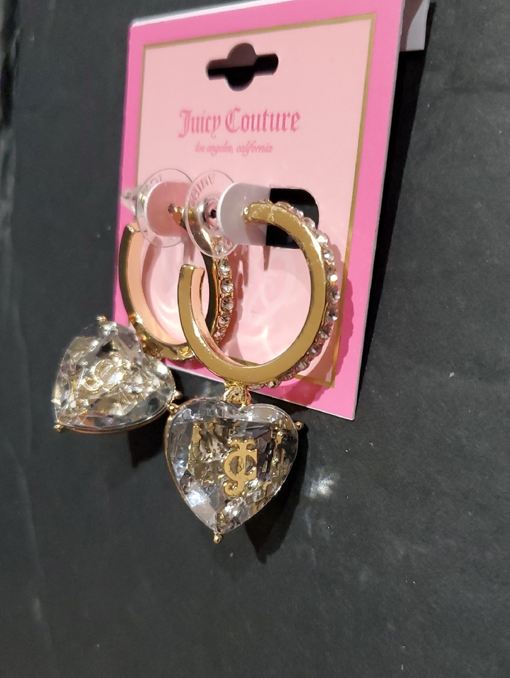 Juicy Couture crystal jc monogram heart gold tone huggie hoop drop earrings new